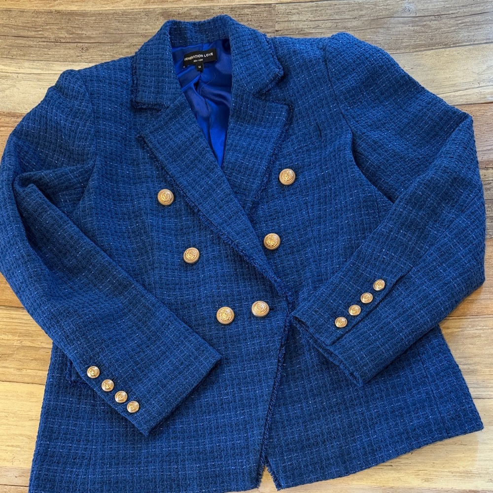 Generation Love Blue Eliza Tweed Blazer with Gold Buttons Medium
